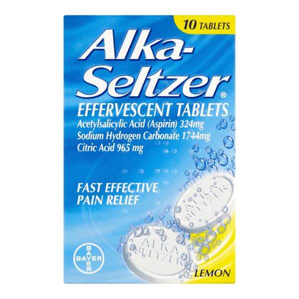 Alka-Seltzer Lemon Effervescent TabletsAcetylsalicylic Acid (Aspirin) 324mg Sodium Hydrogen Carbonate 1744mg Citric Acid 965mg 10Pk