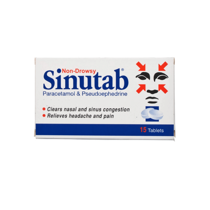 Non-drowsy Sinutab Tablets Paracetamol 500mg Pseudoephedrine Hydrochloride 30mg 15Pk