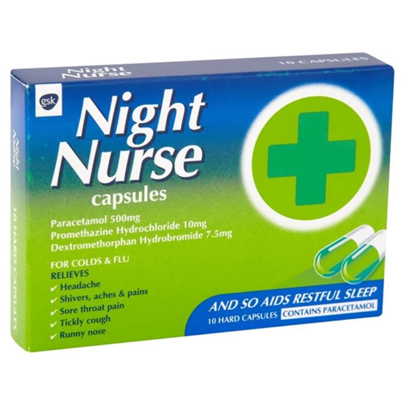 Night Nurse Capsules Paracetamol 500 Mg Promethazine Hydrochloride 10 Mg Dextromethorphan Hydrobromide 7.5 Mg 10Pk